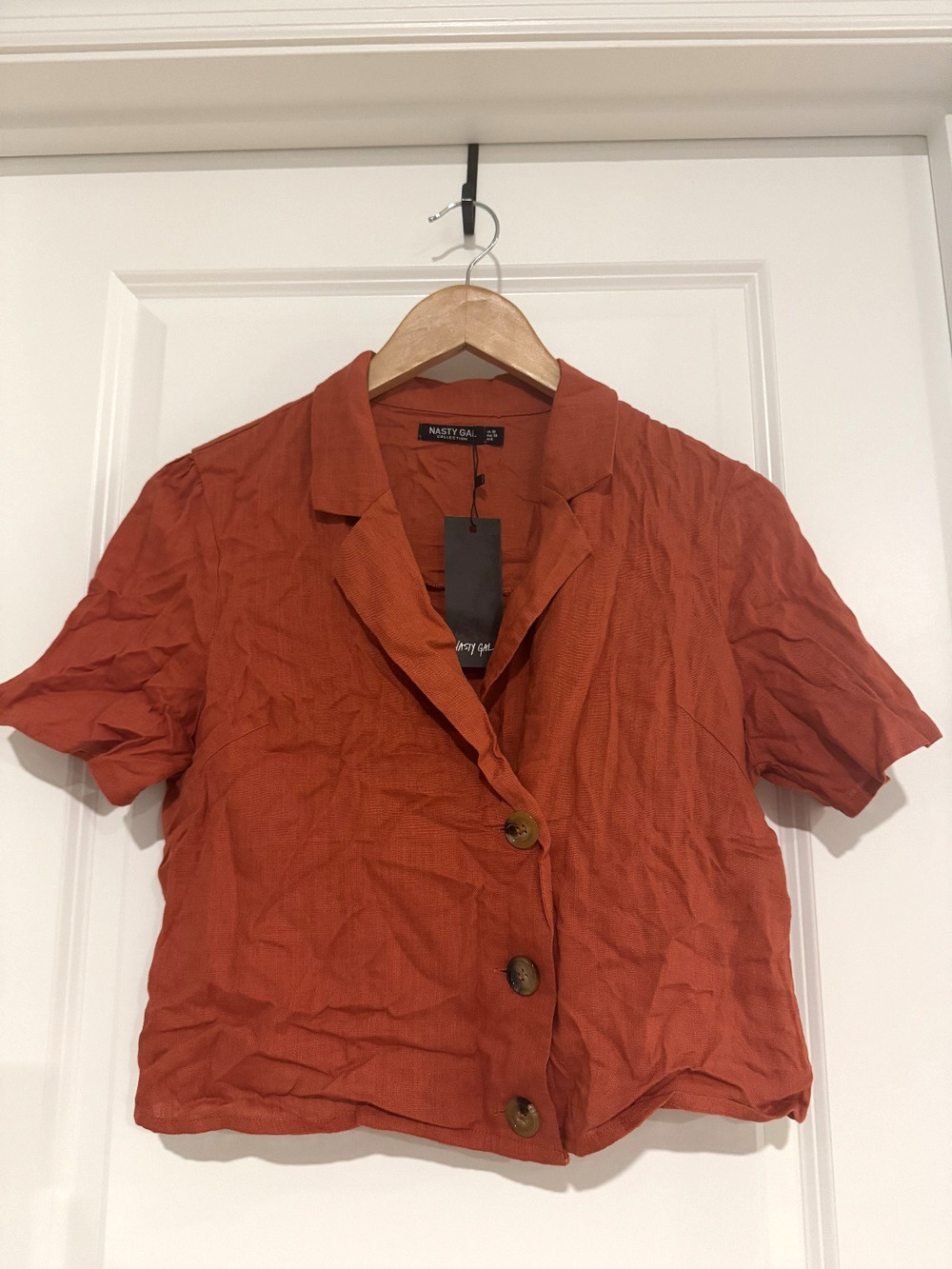 Nastygal Linen Rust Color Short Sleeve Button Shirt Blouse Womens 6 Daywear Tops